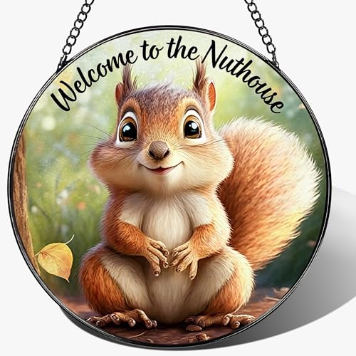 Stained Glass Window Hanging 8" Welcome to the Nuthouse Squirrel Sun Catchers (Squirrel)