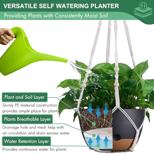 3 Pack 8/10/12 Inch Self-Watering Hanging Plant Pot Chain& Macrame Hangers (Black / 8/10/12inch)
