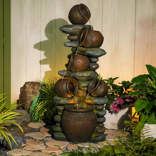 5 Jug Rock Outdoor Water Fountain with LEDs (Largebrown60''h)