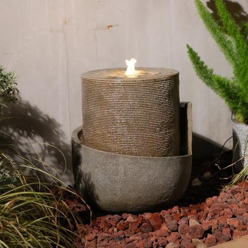 18H Modern Outdoor Water Fountain with Led Lights Tiered Cascading Waterfall Feature with Quiet Pump Floor Water Fountain for Patio Garden Backyard Decking Home and Indoor Décor Brown Brown (17.72-Brown / 17.72-brown)