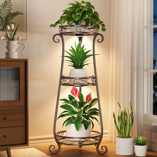 3 Tiers Metal Corner Plant Stand Tall with Light for Indoor Outdoor (Bronze with Light / 3 Tier)