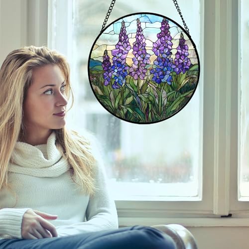 Purple Lupine Flowers Stained Glass Window Hanging Suncatcher Gift 6.3" (Purple and Green / 6.3x6.3 IN)