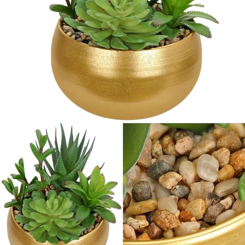 Fake Plants Artificial Succulents in Pots Faux Succulent Arrangement Potted Plant with Gold Ceramic Planter Bowl for Home Decor Office Desk Bathroom Shelf Living Room Indoor Decorations (Matte Gold)