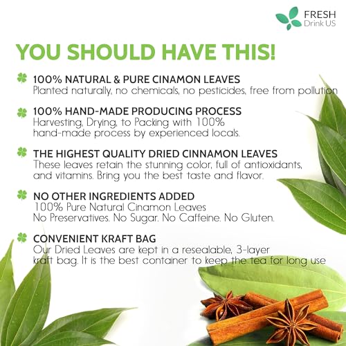 50+ (3oz) Natural Cinnamon Leaves, Whole Dried Cinnamon Leaves, 100% Pure from Dried Cinnamon Leaves, Cinnamon Leaf Tea, No Additives, No Caffeine, Vegan (50 Count)