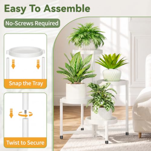 Plant Stand Indoor Outdoor with Large 10 Inch Plastic Tray (Solid White with Large Tray / 4 Tier)