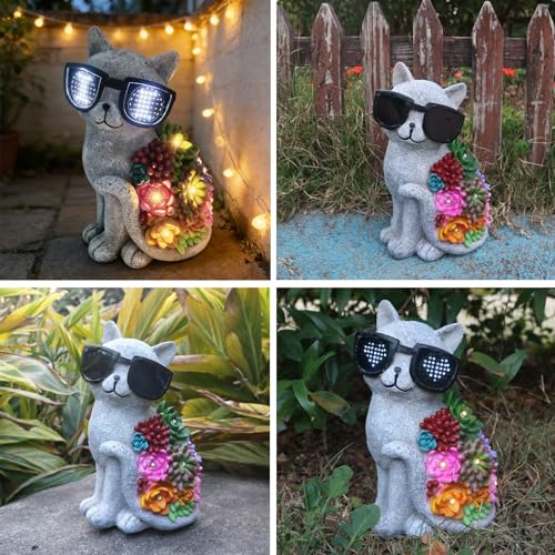 Solar Cat Garden Decor Statues with Succulent LED Lights and Sunglasses (French)