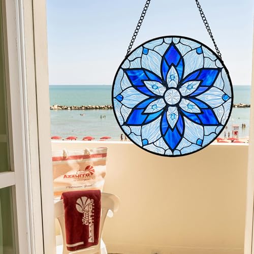 Stained Glass Window Hanging Poinsettia Suncatcher Gifts for Women 6.3" (Light Blue / 6.3x6.3 IN)