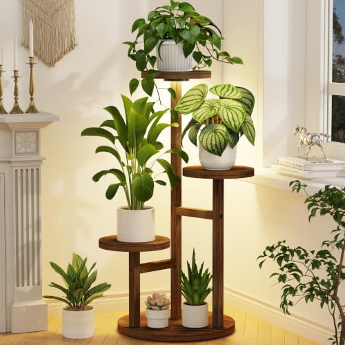 Wood Small Plant Stand Table Indoor Tall with Lights (Brown with Light / 3 Tier)