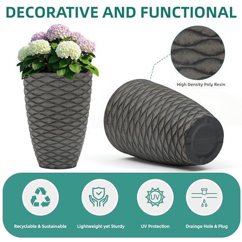 2 Pack 19" Rustic Black Resin Tall Planters with Wave Texture (19"h-rustic Black Wavy)