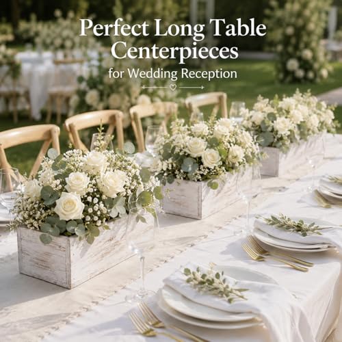 6 Set Wood Boxes for Centerpieces 12x4 Inch Rectangle Wooden Planter Box Rustic Wooden Planters with Removable Plastic Liner Floral Foam Blocks for Christmas Wedding Home Garden Decor (12 X 4 Inch / White)