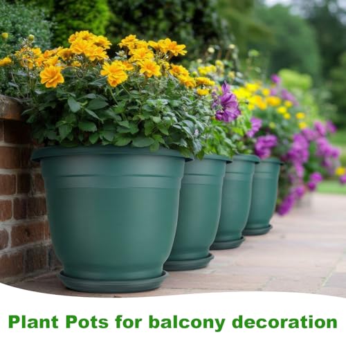 12 Pcs 8+'' Plastic Plant Pots Round Planter Pots with Saucer Tray Seedling Pot Hole Seed Resin Plant Pot Starting Nursery Flower Container with Pallet for Garden Outdoor Indoor (Green / 8.66'')