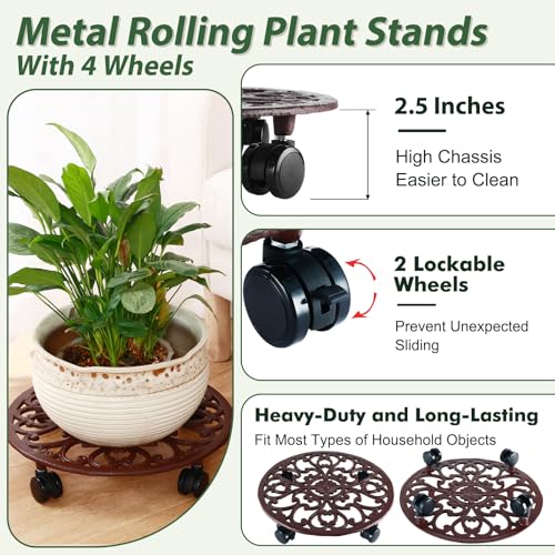 3 Packs 14 Inch Rolling Plant Stand with Wheels Metal Plant Caddy with Wheels Heavy Duty Round Plant Stand Indoor Iron Plants Rollers for Plants (14 inch: 3 pcs / Brown)