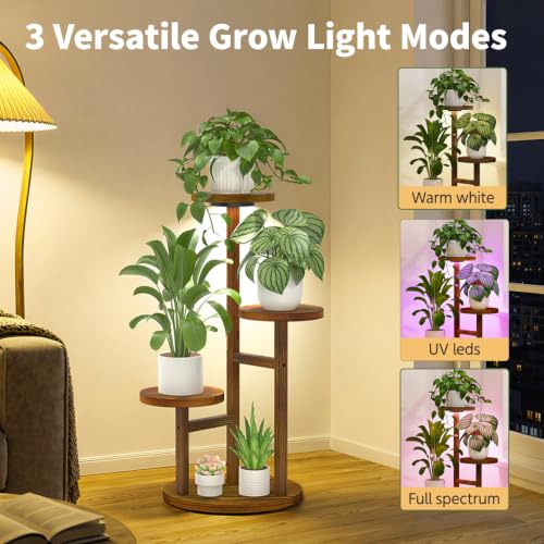 Wood Small Plant Stand Table Indoor Tall with Lights (Brown with Light / 3 Tier)