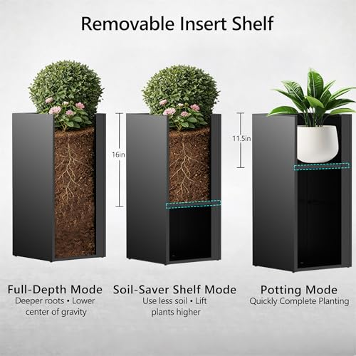 Set of 2 Tall Metal Planter Box for Outdoor Plants (Black / 14" L x 14" W x 30" H)