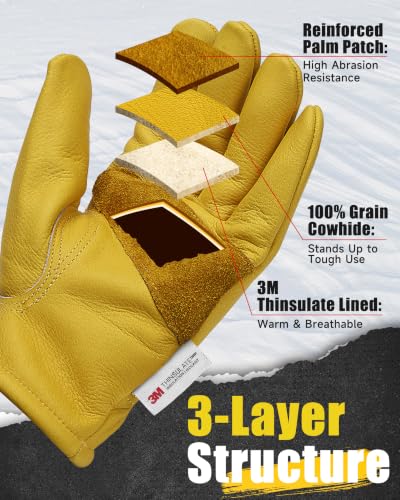 Water Repellent Cowhide Leather Winter Work Gloves for Men Gold S (Golden - Thermal / Small)