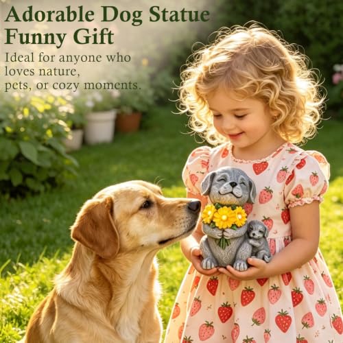 Garden Statue Dog Figurine with Solar Sunflowers Bouquet Outdoor Decoration
