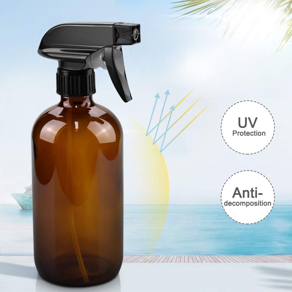 Glass Spray Bottles, 16oz Refillable Containers, Empty Boston Round Bottles with Labels & Adjustable Nozzle for Cleaning, Gardening, Aromatherapy, Pets, Plant, Hair -Amber (2 Pack)