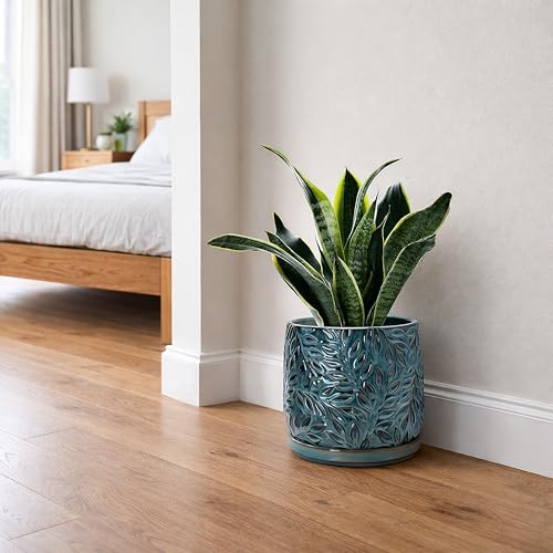 Embossed Leaves Ceramic Planter (8 Inch / Ocean Teal)