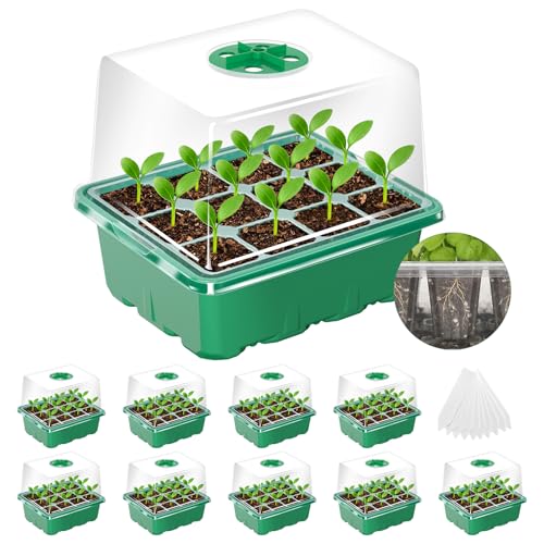 10 Pack Seed Starter Tray (Green / 12 Cell-10 Packs Elevated Cover)