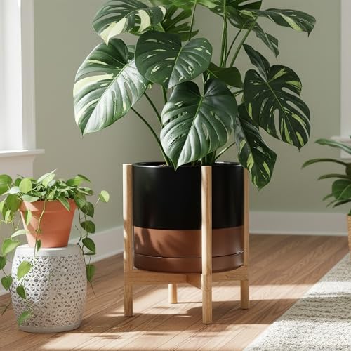 Ceramic Pot with Natural Wood Stand (14 Inch / Black/Speckled Tan Pot + Natural Stand)