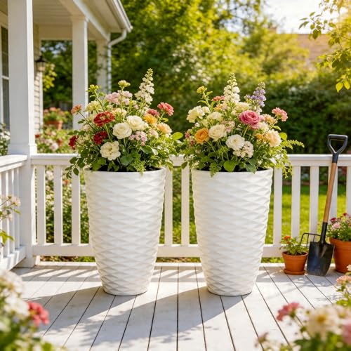 2 Pack 19" White Resin Tall Outdoor Planters with Wave Texture (19"h-white Wavy)