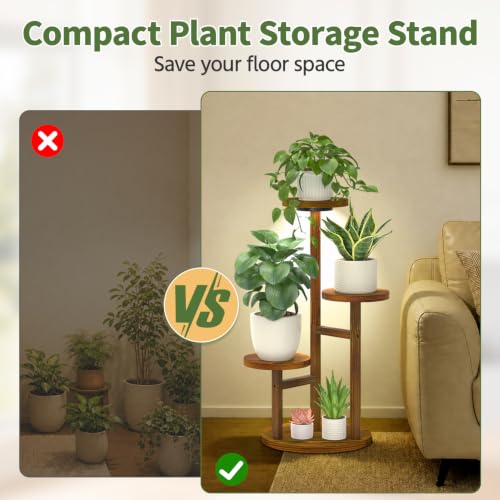 Wood Small Plant Stand Table Indoor Tall with Lights (Brown with Light / 3 Tier)