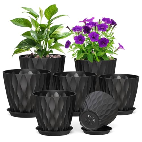 7/6.5/6/5.5/5/4.5/4 inch Plant Pots for Indoor Outdoor Plants, 7 Pack Thick Flower Pots with Drainage Holes and Saucers, Modern Wave Texture Plastic Planter Pots for Nursery, Succulent, Black (Black / 7+6.5+6+5.5+5+4.5+4 inch 7 pieces)