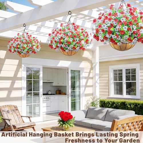 2 Set Artfiticial Hanging Flowers with Basket & Foam Outdoor (Red White / 2 Pcs)