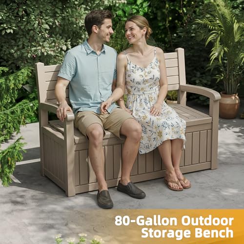 80 Gallon Outdoor Storage Bench Lockable Deck Box Outdoor Storage Box Waterproof for Patio (Grey Srtipe / 80 Gallon)