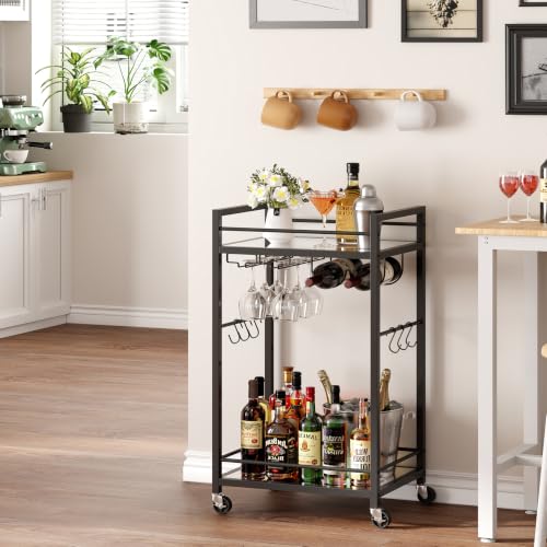 Bar Cart with 2 Mirrored Shelves (Black)