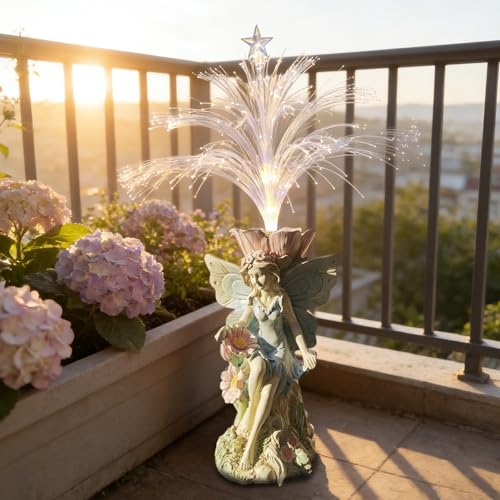 Fairy Garden Decor Statue Solar Fairy Garden Statues With Fiber Optic Light (White Fairy)