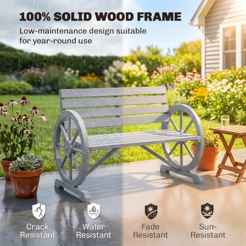 41" Wooden Outdoor Bench Rustic Wagon Wheel Light Gray