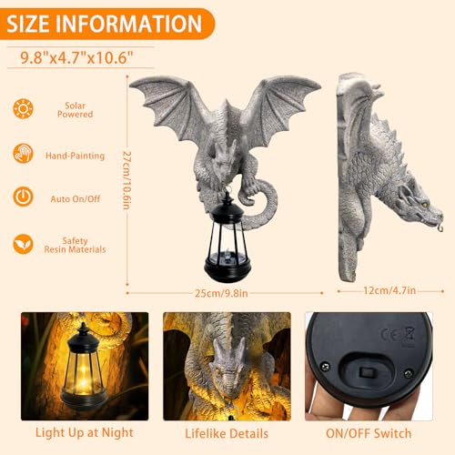 Solar Dragon Tree Hugger Garden Statue (Stone Grey - Dragon with Lantern)