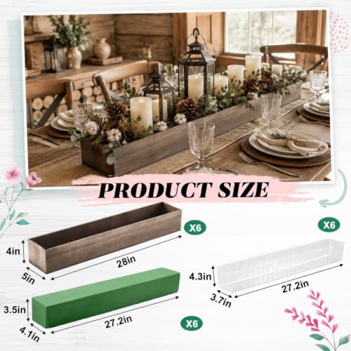 6 Set Wood Boxes for Centerpieces 28x5 Inch Rectangle Wooden Planter Box Rustic Wooden Planters with Removable Plastic Liner Floral Foam Blocks for Christmas Wedding Home Garden Decor (28 x 5 Inch / Brown)
