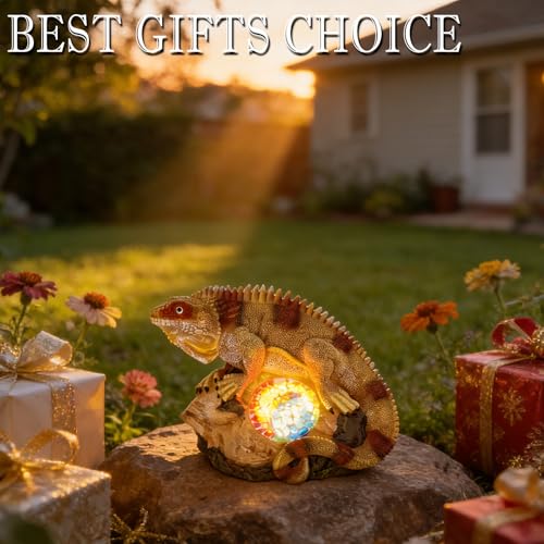 Solar Iguana Garden Statues Decor for Outdoor (Khaki Iguana)