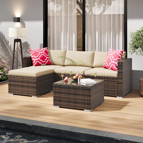 5-Piece All-Weather Patio Furniture Set, Convertible Outdoor Sectional Sofa with Ottoman & Tempered Glass Table, PE Rattan Conversation Set for Garden, Backyard, Porch, Poolside (Brown/Khaki / 5 Pieces)