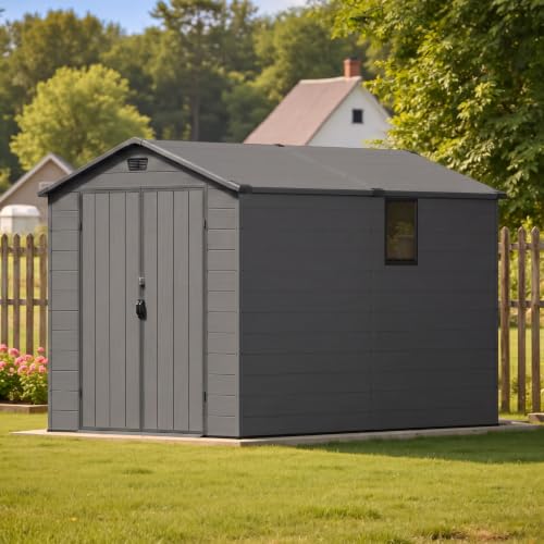 6x10 FT Plastic Outdoor Storage Shed with Floor (Dark Grey / 6x10)