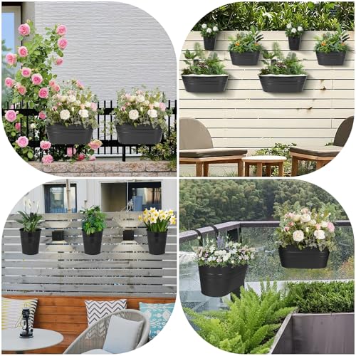 3 Different Size Metal Iron Hanging Flower Pots 10 Pcs for Outdoor Plants Metal Hanging Bucket Pots Iron Railing Fence Planter with Drainage Holes and Hooks for Porch Railing Balcony Fence (10 Count)