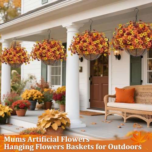 2 Sets Artificial Fall Mums Hanging Flowers Plants Baskets (Orange, Yellow, Red)