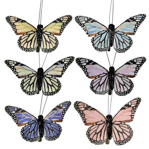 Artificial Feather Butterfly Party Decorations Set of 12 with Clip 6 Color Ornaments for Christmas Tree (G Clip)