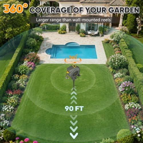 Automatic Retractable Garden Hose Reel on Metal Spike (Dark Grey / 1/2"×90FT)