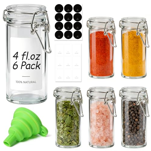 Small Glass Spice Jars with Airtight Lids 4 oz 6 Pack with Labels (4 fl oz x 6)