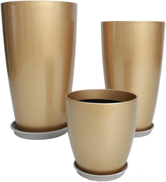 24,21,11 Inch Large Plastic Planters with Drainage Hole and Saucer - Set of 3 Tall Plant Pots Indoor Flower Pot Tall Round Planters Outdoor Large Tall Planter