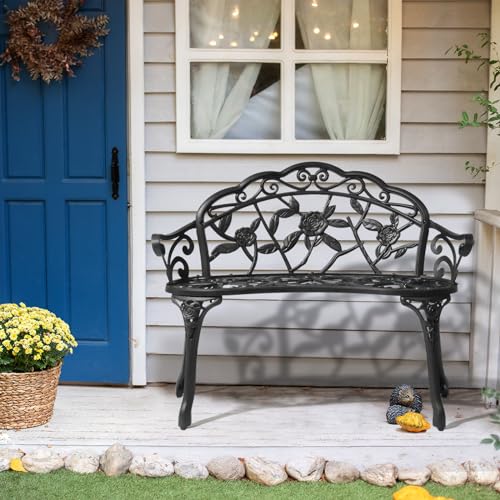 38.5" Patio Park Garden Outdoor Metal Rose Bench (Black / Rose)