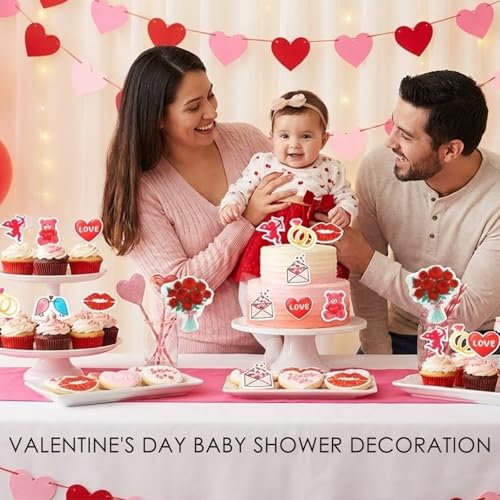 65PCS Valentine's Day Edible Cupcake Toppers & Cake Decorations Romantic Wafer Paper Assortment with Hearts (Red)