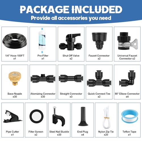 100FT Misters for Outside Patio with 30 Brass Mist Nozzles (100FT-Black)