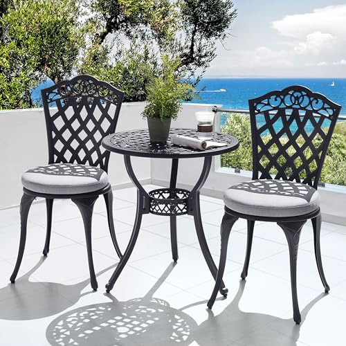 3 Piece Patio Bistro Set Outdoor Cast Aluminum Bistro Table and Chairs Set of 2 (Gray Cushion / Pattern B)