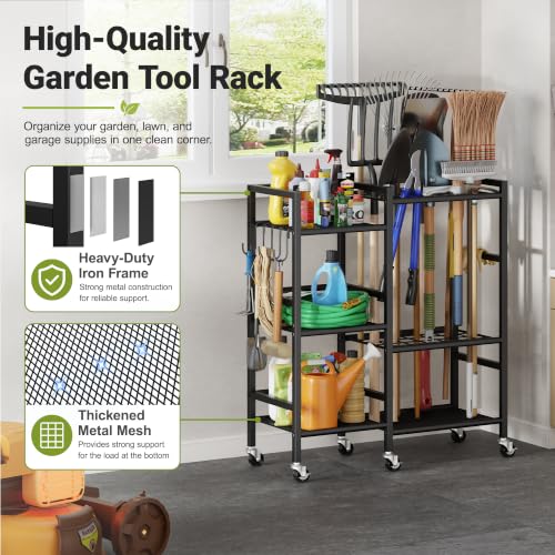 Garden Tool Organizer with 6 Industrial Wheels & Large Hooks (29.5"W*11.8"D*33.5"H-with Wheels)