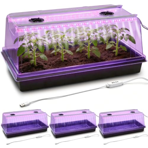 4 Pack 1020 Seed Starter Tray with Grow Light & 6.3" Tall Humidity Dome (4p 1020Trays+6.3''Domes+Lights)