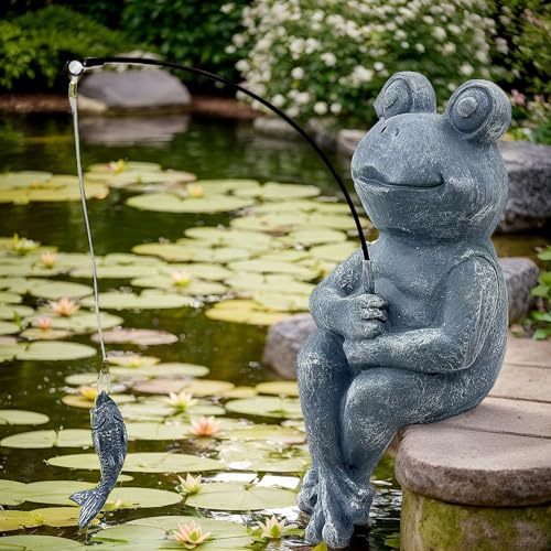 9.5" Frog Fishing Garden Sculptures & Statues (Gray)